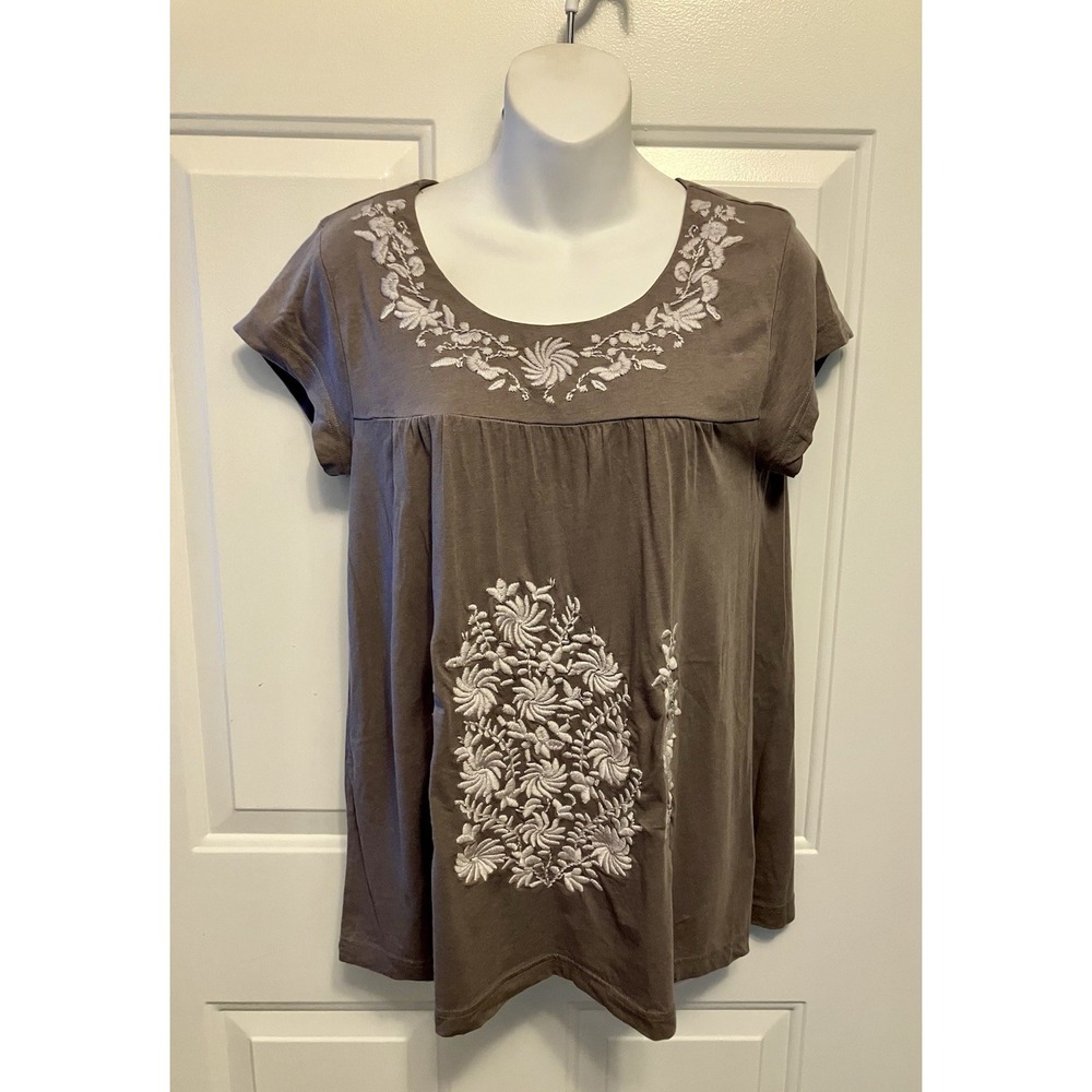 Garnet Hill Top Shirt‎ Sz Small Gray Embroidered Boho Blouse Top Women’s